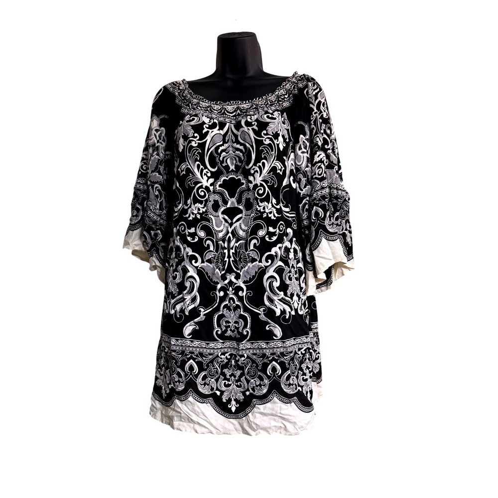 Flying Tomato Women Black White Damask Smocked Bell Sleeve Tunic Mini Dress Sz M